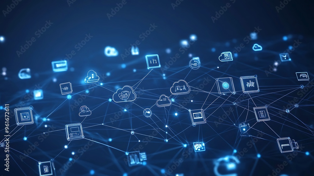 Digital network with cloud computing icons, nodes, and data flow lines, ultra-sharp focus, solid dark blue background Digital network with cloud computing icons, nodes, and data flow lines, ultra-sharp focus, solid dark blue background
