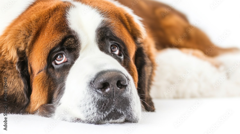 A close-up of a Saint Bernard dog resting, showcasing its expressive eyes and fur. A close-up of a Saint Bernard dog resting, showcasing its expressive eyes and fur.