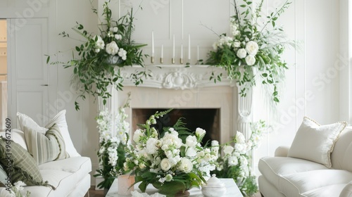 White fireplace adorned with green and white bouquets and salt candles in white living room.