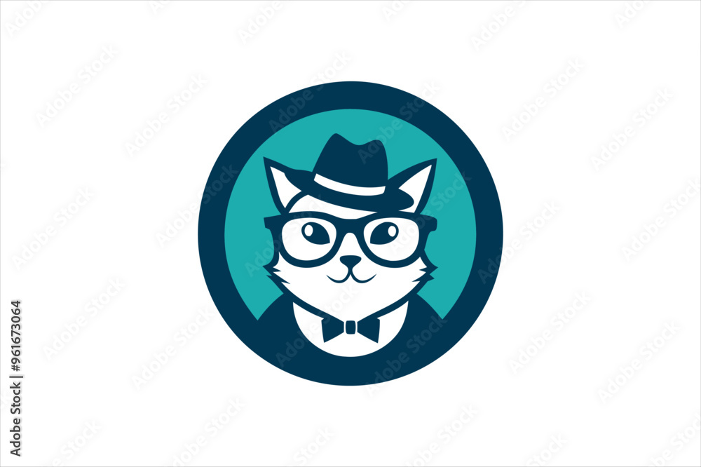 Logo in a circle with a cat in a hat and glasses. vector art illustration Logo in a circle with a cat in a hat and glasses. vector art illustration