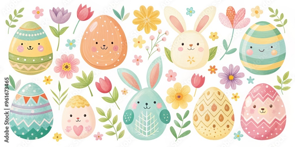 Easter icon vector illustrations whimsical spring free style watercolor colors bright pastel soft texture happy mood celebration concept holidays Easter icon vector illustrations whimsical spring free style watercolor colors bright pastel soft texture happy mood celebration concept holidays