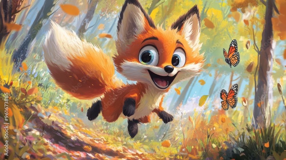 A playful cartoon fox with oversized eyes and a bushy tail, bouncing through a colorful forest, chasing after butterflies with a big, goofy smile A playful cartoon fox with oversized eyes and a bushy tail, bouncing through a colorful forest, chasing after butterflies with a big, goofy smile