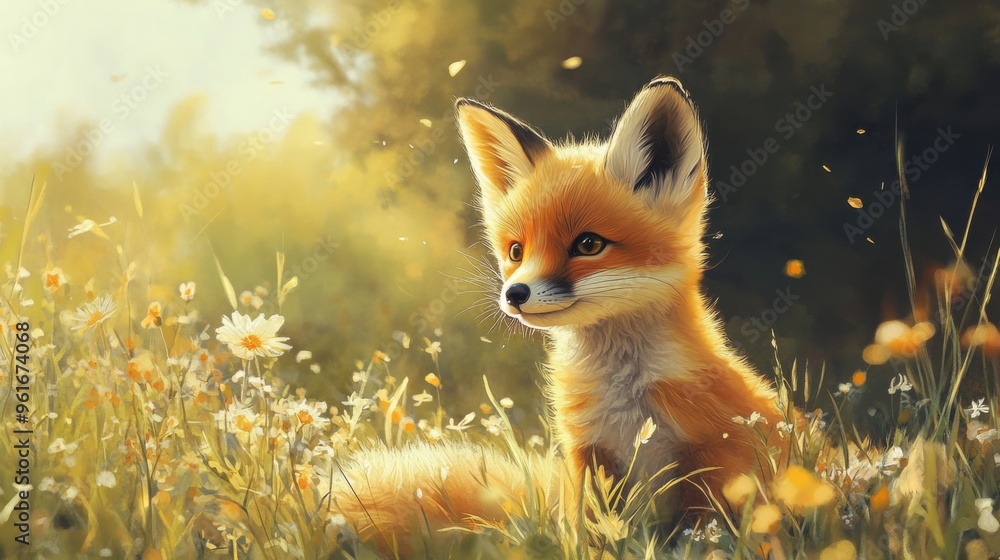 Adorable fox cub with soft orange fur, playfully exploring a sunlit meadow, surrounded by wildflowers and tall grass Adorable fox cub with soft orange fur, playfully exploring a sunlit meadow, surrounded by wildflowers and tall grass