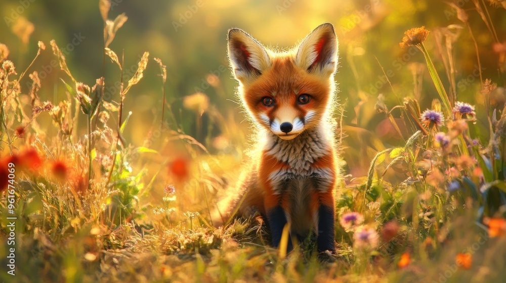 Adorable fox cub with soft orange fur, playfully exploring a sunlit meadow, surrounded by wildflowers and tall grass Adorable fox cub with soft orange fur, playfully exploring a sunlit meadow, surrounded by wildflowers and tall grass