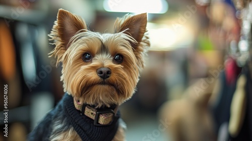 A close-up of a Yorkshire Terrier in a cozy setting, showcasing its expressive features.