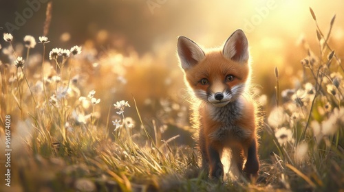 Adorable fox cub with soft orange fur, playfully exploring a sunlit meadow, surrounded by wildflowers and tall grass