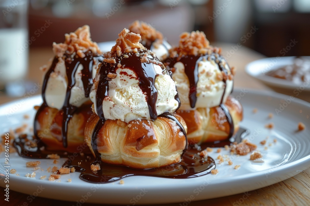 Profiteroles A stack of Profiteroles filled with vanilla ice cream and topped with a generous drizzle of chocolate sauce Profiteroles A stack of Profiteroles filled with vanilla ice cream and topped with a generous drizzle of chocolate sauce