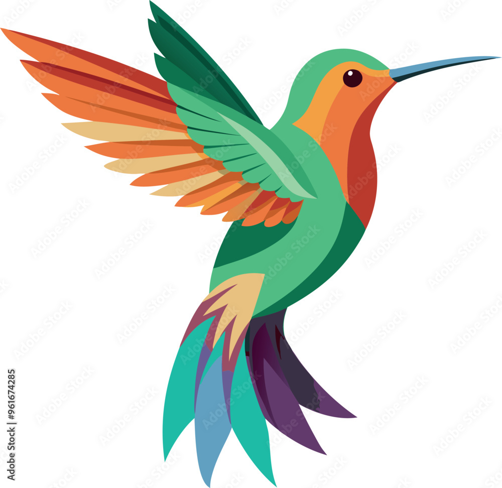 Obraz premium Colorful vector illustration of a hummingbird, showcasing its vibrant feathers and dynamic pose in a stylized design