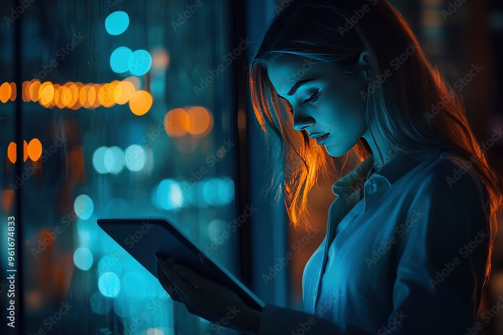Business woman, tablet and typing in office for corporate communication, internet research and networking. Female person, technology and working late night for project planning and company email , ai Business woman, tablet and typing in office for corporate communication, internet research and networking. Female person, technology and working late night for project planning and company email , ai