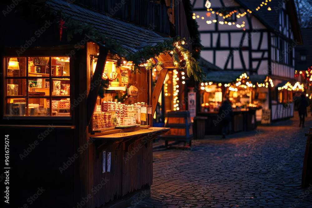 Naklejka premium A magical German Christmas market, illuminated with twinkling lights, inviting you to enjoy the festive atmosphere and browse the stalls.
