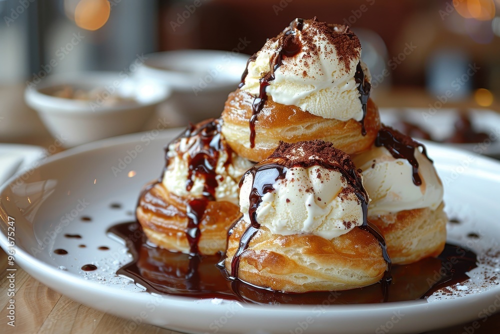 Profiteroles A stack of Profiteroles filled with vanilla ice cream and topped with a generous drizzle of chocolate sauce Profiteroles A stack of Profiteroles filled with vanilla ice cream and topped with a generous drizzle of chocolate sauce