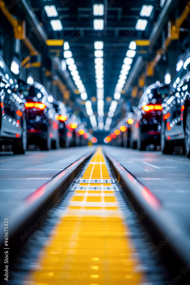 A row of cars are being manufactured in a factory A row of cars are being manufactured in a factory