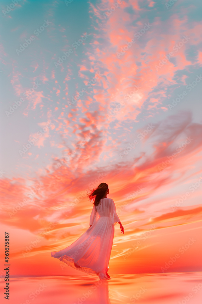 Fototapeta premium A woman is standing on a beach at sunset, wearing a white dress