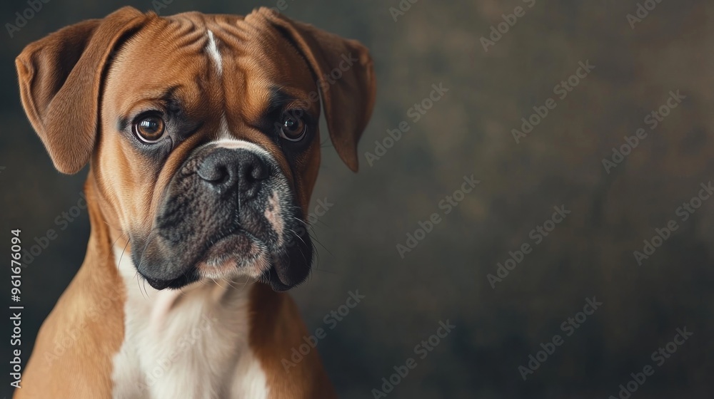 A close-up portrait of a brown and white Boxer dog with expressive eyes. A close-up portrait of a brown and white Boxer dog with expressive eyes.