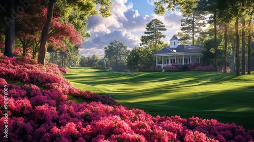 Idyllic Golf Course with Azalea Blooms. generative ai illustration. photo