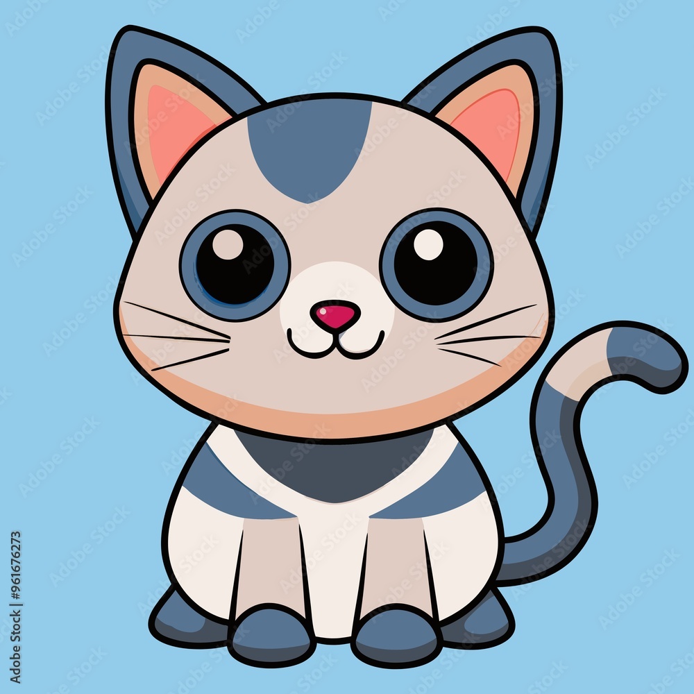 Cute cartoon cat character with big eyes on a blue background Cute cartoon cat character with big eyes on a blue background