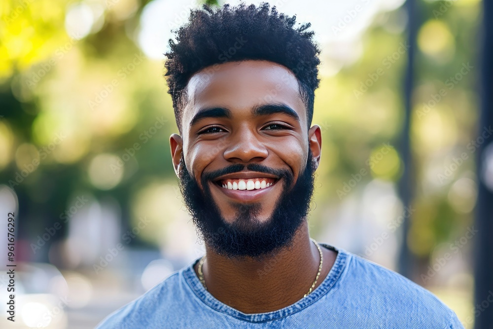 Handsome happy African American bearded man. Portrait of cheerful young man standing outdoors and smiling at camera. Positive emotion concept of male person. Generation z guy look carefree, ai Handsome happy African American bearded man. Portrait of cheerful young man standing outdoors and smiling at camera. Positive emotion concept of male person. Generation z guy look carefree, ai