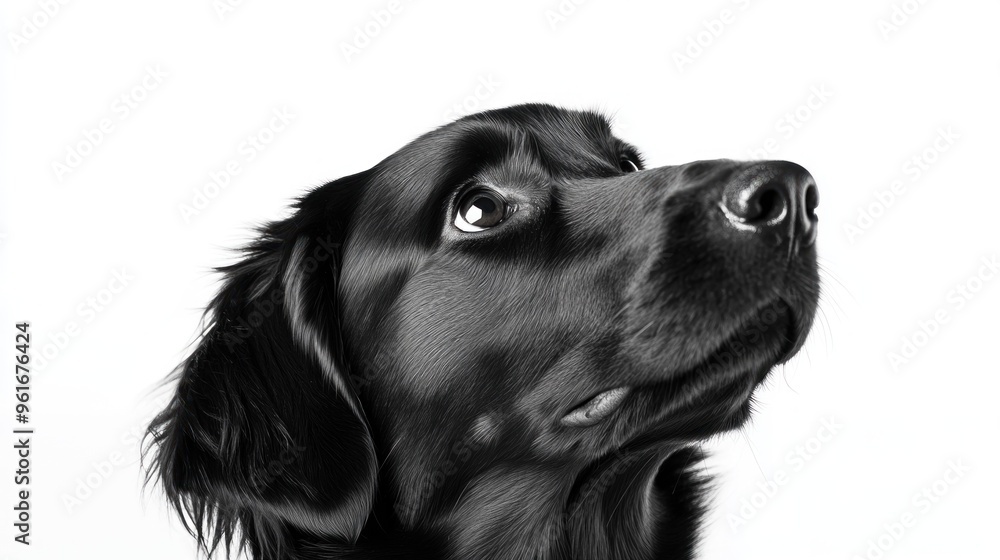 A close-up portrait of a black dog, gazing upward with a thoughtful expression. A close-up portrait of a black dog, gazing upward with a thoughtful expression.