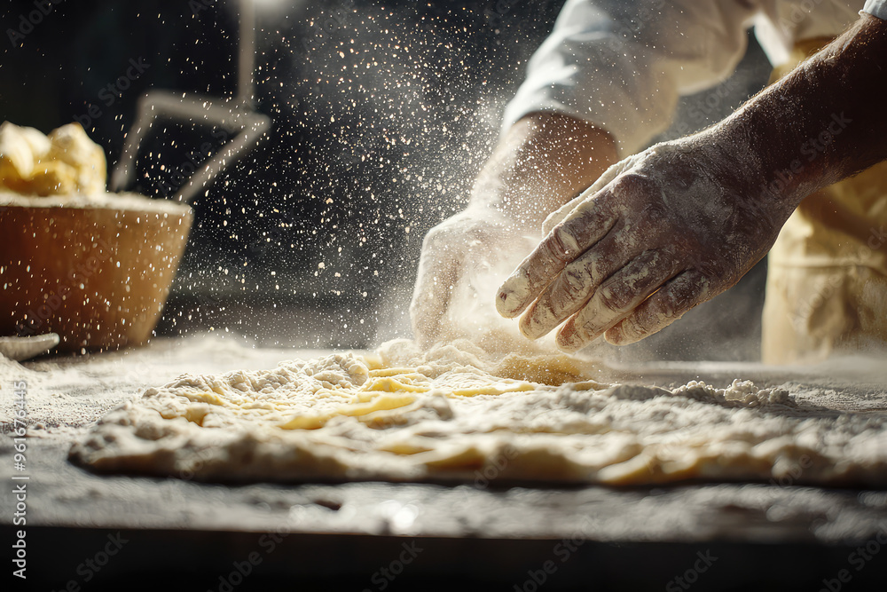 A Baker's Touch: Flour Dust Explodes As Hands Shape Dough A Baker's Touch: Flour Dust Explodes As Hands Shape Dough