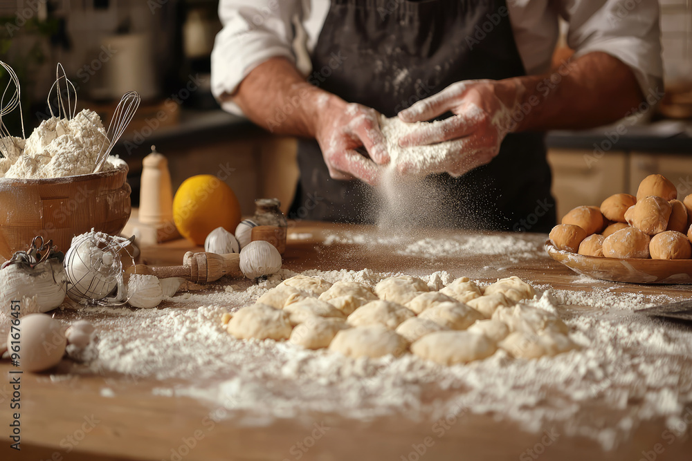 Fototapeta premium A Baker's Touch: Dusting Dough with Flour for a Perfect Bake