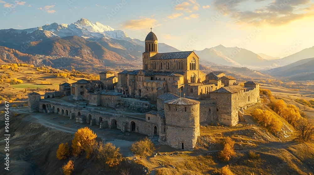 Fototapeta premium Majestic medieval monastery surrounded by autumn landscapes and mountains.