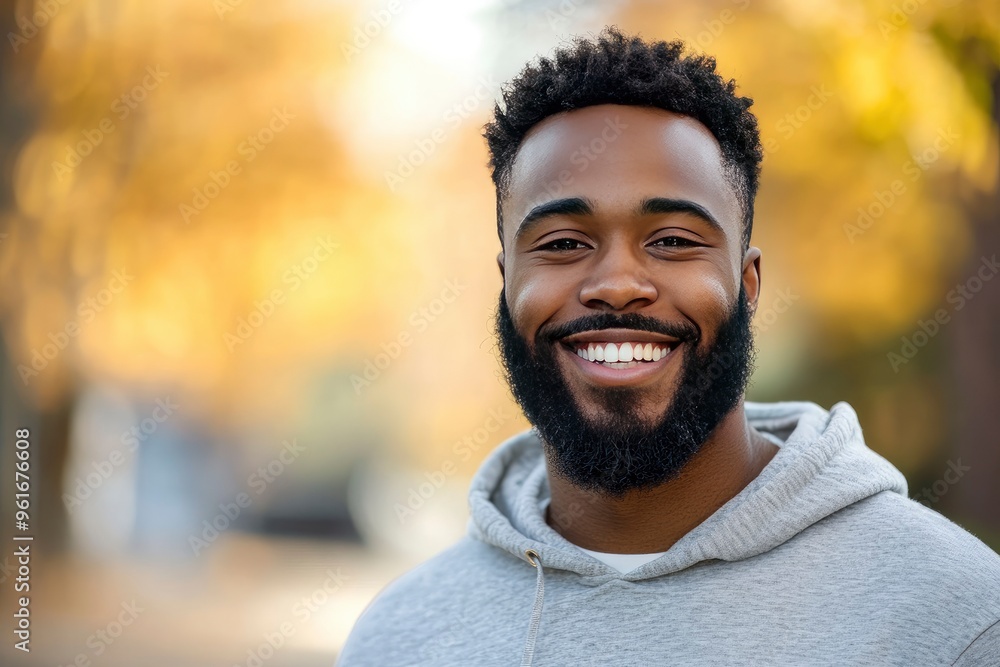 Handsome happy African American bearded man. Portrait of cheerful young man standing outdoors and smiling at camera. Positive emotion concept of male person. Generation z guy look carefree, ai Handsome happy African American bearded man. Portrait of cheerful young man standing outdoors and smiling at camera. Positive emotion concept of male person. Generation z guy look carefree, ai