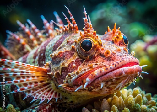 A scorpionfish lairs in the dimly lit depths, its venomous spines rising from a canvas of intricate patterns, photo