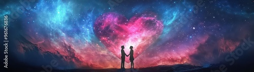 A heartshaped galaxy with two silhouettes holding hands at its center, Cosmic Love, Digital Art, Vibrant, Inspirational