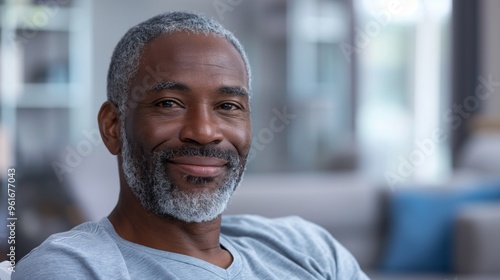 Mature man with a grey beard smiling warmly in a close-up indoor portrait, wearing a casual shirt.