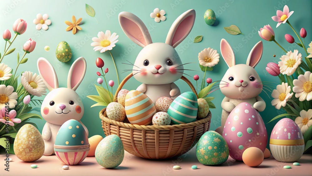 Obraz premium Easter themed poster with whimsical illustrations and pastel shades