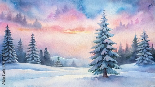 Watercolor painting of snow-covered pine trees at dusk, tranquil mood, representing winter beauty, against a colorful sky background with copy space