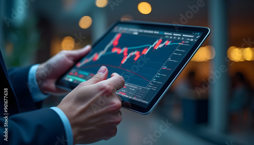 treding graph tab, trader or broker using crypto exchange platform on digital tablet analysing exchange market chart investing money in financial market on tab screen with pad computer in hands. photo