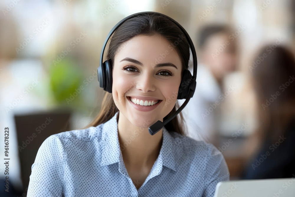 Friendly call center agent answering incoming calls with a headset, providing customer service remotely. Happy woman using her excellent communication skills to resolves customer issues, ai Friendly call center agent answering incoming calls with a headset, providing customer service remotely. Happy woman using her excellent communication skills to resolves customer issues, ai