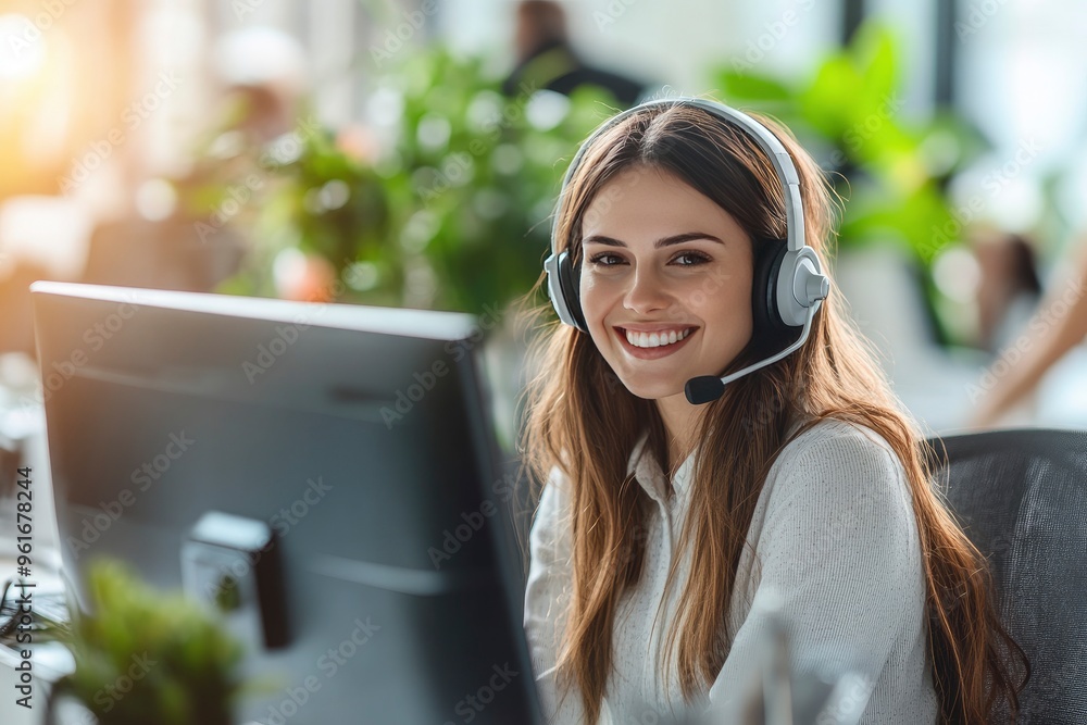 Friendly call center agent answering incoming calls with a headset, providing customer service remotely. Happy woman using her excellent communication skills to resolves customer issues, ai Friendly call center agent answering incoming calls with a headset, providing customer service remotely. Happy woman using her excellent communication skills to resolves customer issues, ai