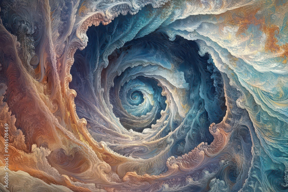Obraz premium A hypnotic spiral of waves and fractals, with shifting hues that transition smoothly from warm to cool colors