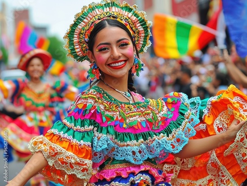 Smiling Woman in Colorful Traditional Dress at Festival