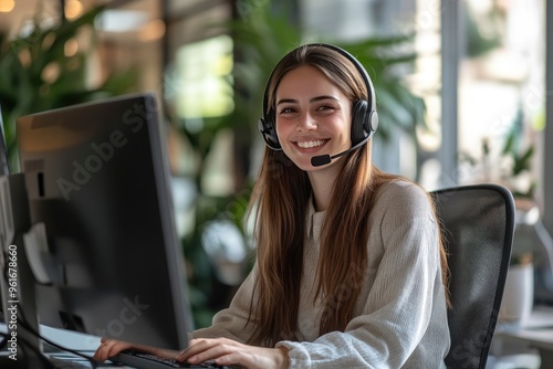 Friendly call center agent answering incoming calls with a headset, providing customer service remotely. Happy woman using her excellent communication skills to resolves customer issues, ai