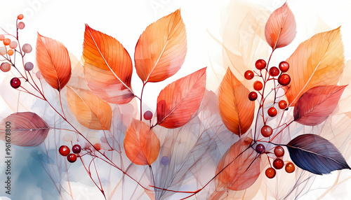 Autumn fall leaves and berrries, watercolor painting, isolated on white background  photo