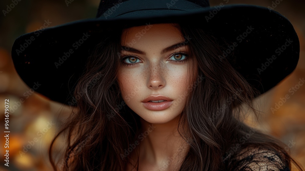 Portrait of a woman with long dark hair wearing a wide-brimmed black hat, featuring dark natural surroundings and a captivating intense gaze Portrait of a woman with long dark hair wearing a wide-brimmed black hat, featuring dark natural surroundings and a captivating intense gaze