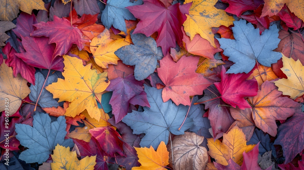 A striking close-up of autumn leaves in various vibrant hues, arranged naturally on the ground. The rich colors and textures of the leaves create a visually appealing pattern, highlighting the beauty A striking close-up of autumn leaves in various vibrant hues, arranged naturally on the ground. The rich colors and textures of the leaves create a visually appealing pattern, highlighting the beauty