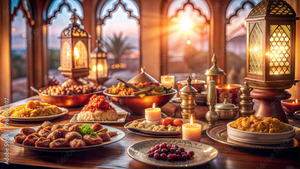 Lavish Iftar Feast with Lanterns and Sunset View, Middle Eastern Decor Lavish Iftar Feast with Lanterns and Sunset View, Middle Eastern Decor