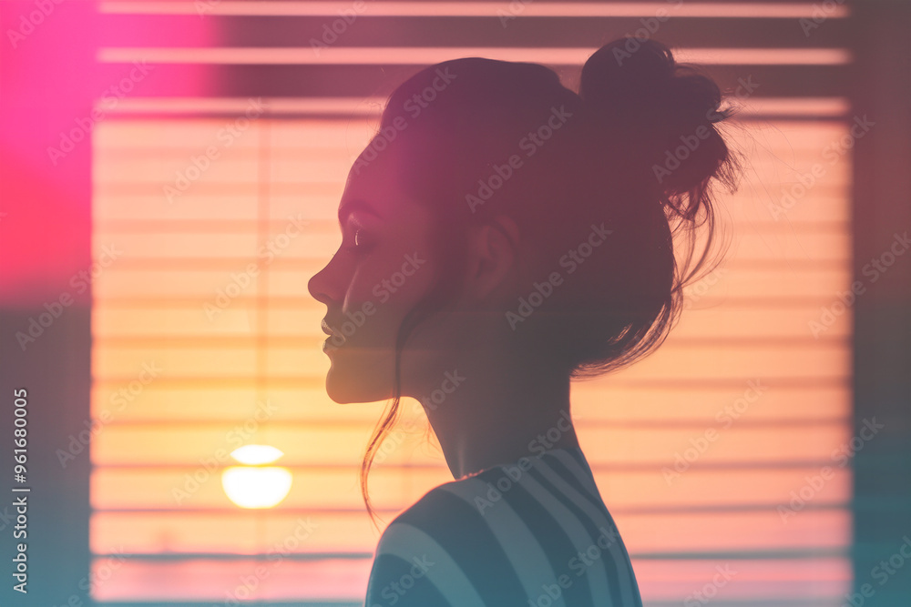Ethereal woman silhouette pink background by a vibrant, neon-lit, creating a warm and calm ambiance, with lights filtered through vertical blinds, from pink to orange hues with a dreamy quality Ethereal woman silhouette pink background by a vibrant, neon-lit, creating a warm and calm ambiance, with lights filtered through vertical blinds, from pink to orange hues with a dreamy quality