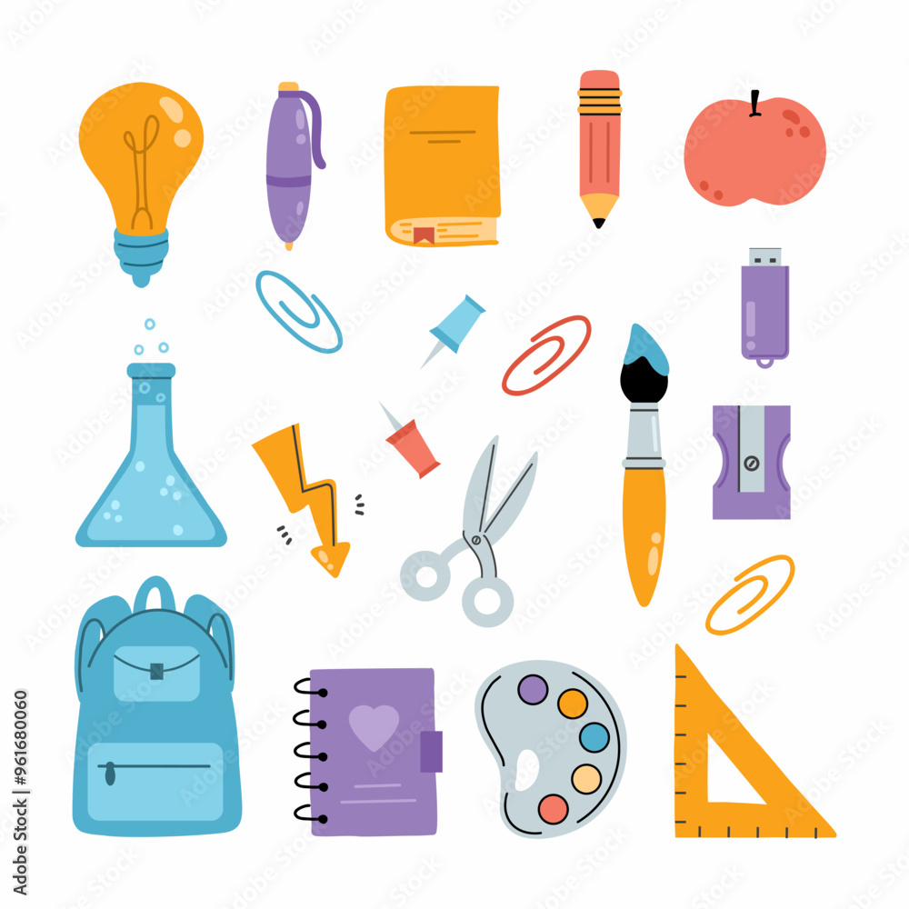 Back to school. Set of vector illustrations in doodle style. Stickers with stationery Back to school. Set of vector illustrations in doodle style. Stickers with stationery