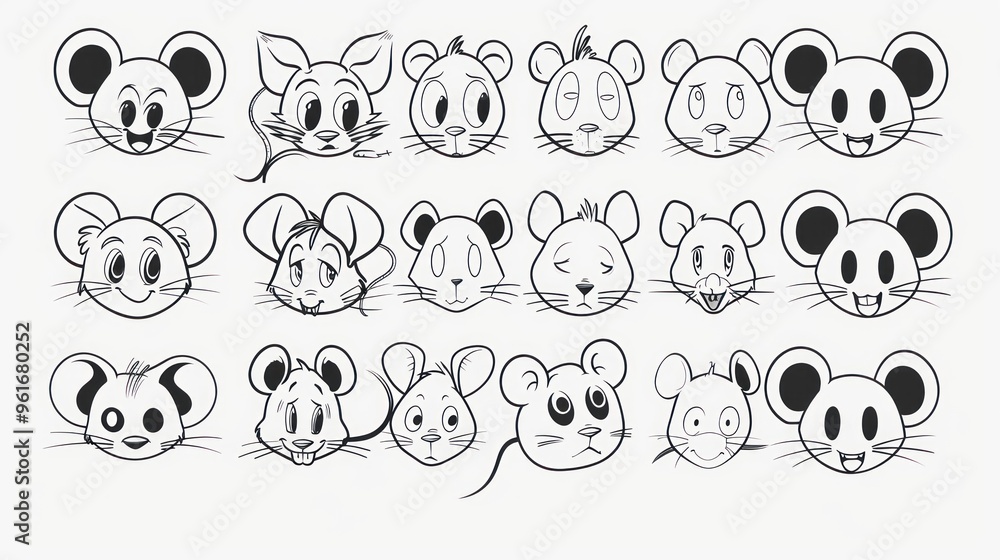 Collection of 18 cartoon mouse faces with different expressions. Collection of 18 cartoon mouse faces with different expressions.