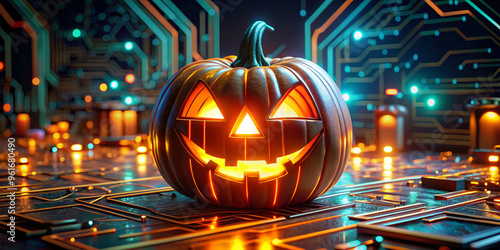 Wallpaper Mural A glowing jack-o'-lantern with a cyberpunk twist, featuring neon wires and circuits Torontodigital.ca