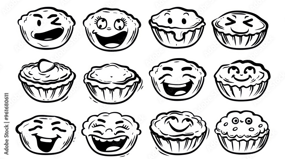Smiling cartoon muffin characters in black and white. Smiling cartoon muffin characters in black and white.
