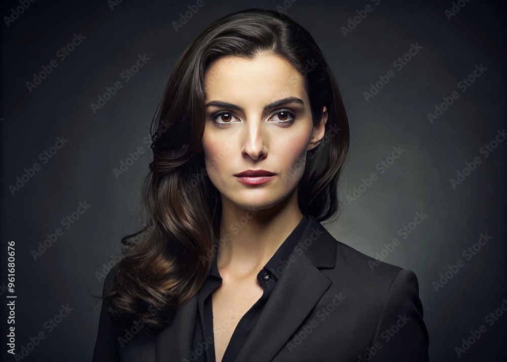 A somber-faced woman with dark locks is depicted in a stately dress, her features etched with seriousness, a A somber-faced woman with dark locks is depicted in a stately dress, her features etched with seriousness, a