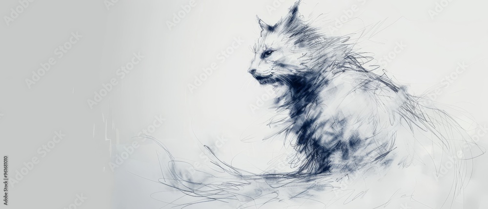 Fototapeta premium A crisp black-and-white shot of a cat's head and tail Background features a softly blurred cat form