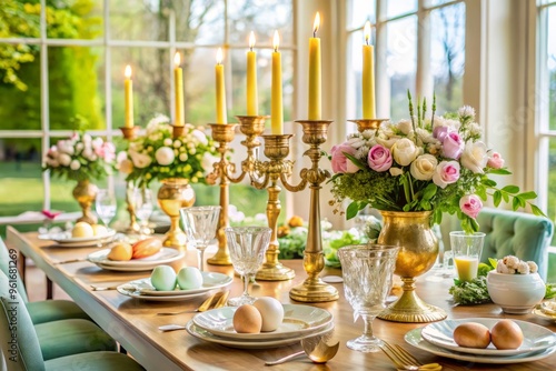 Elegant Easter dinner party table with gold accents and candelabras photo