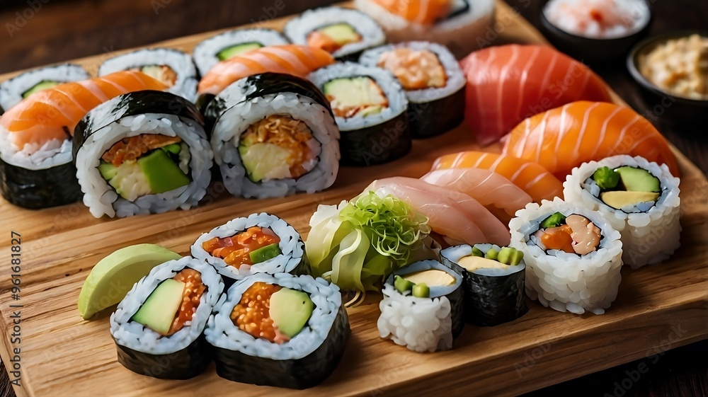 A wooden board with a variety of sushi rolls on it A wooden board with a variety of sushi rolls on it